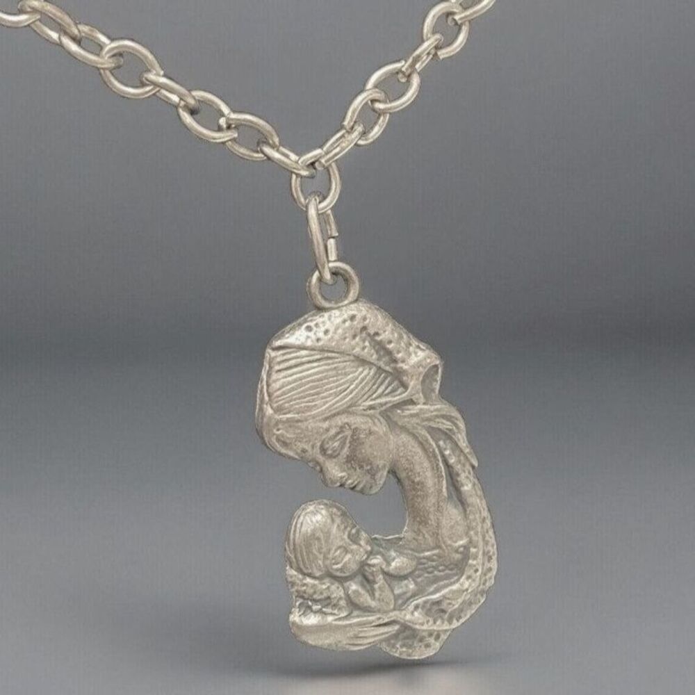 Italian Madonna & Child Necklace Pewter Silver Tone